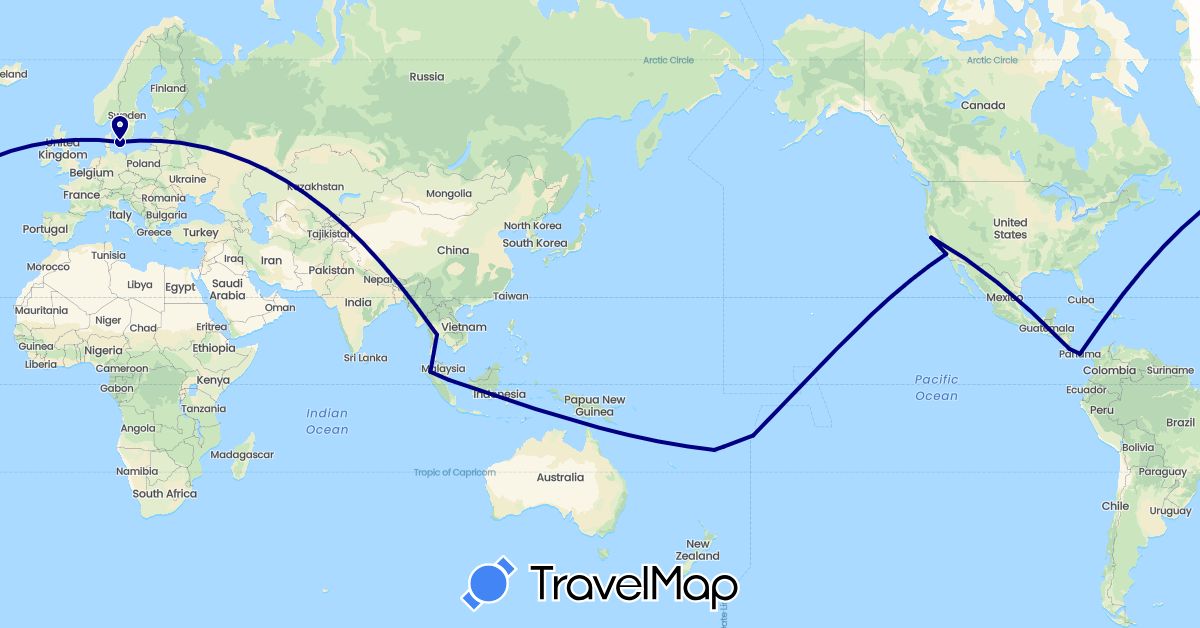 TravelMap itinerary: driving in Costa Rica, Denmark, Fiji, Indonesia, Panama, Singapore, Thailand, United States, Samoa (Asia, Europe, North America, Oceania)